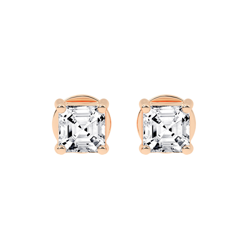 Asscher Shape Yellow Gold Solitaire Studs Earrings
