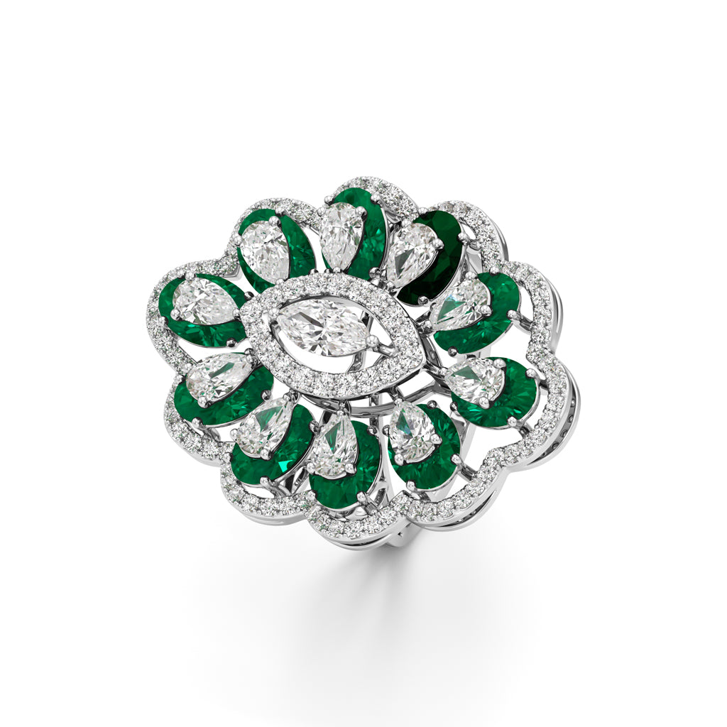 Emerald and Diamond Floral Statement Ring