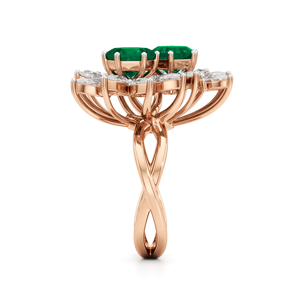 Hexagon Emerald & Pear Diamond Cluster Ring
