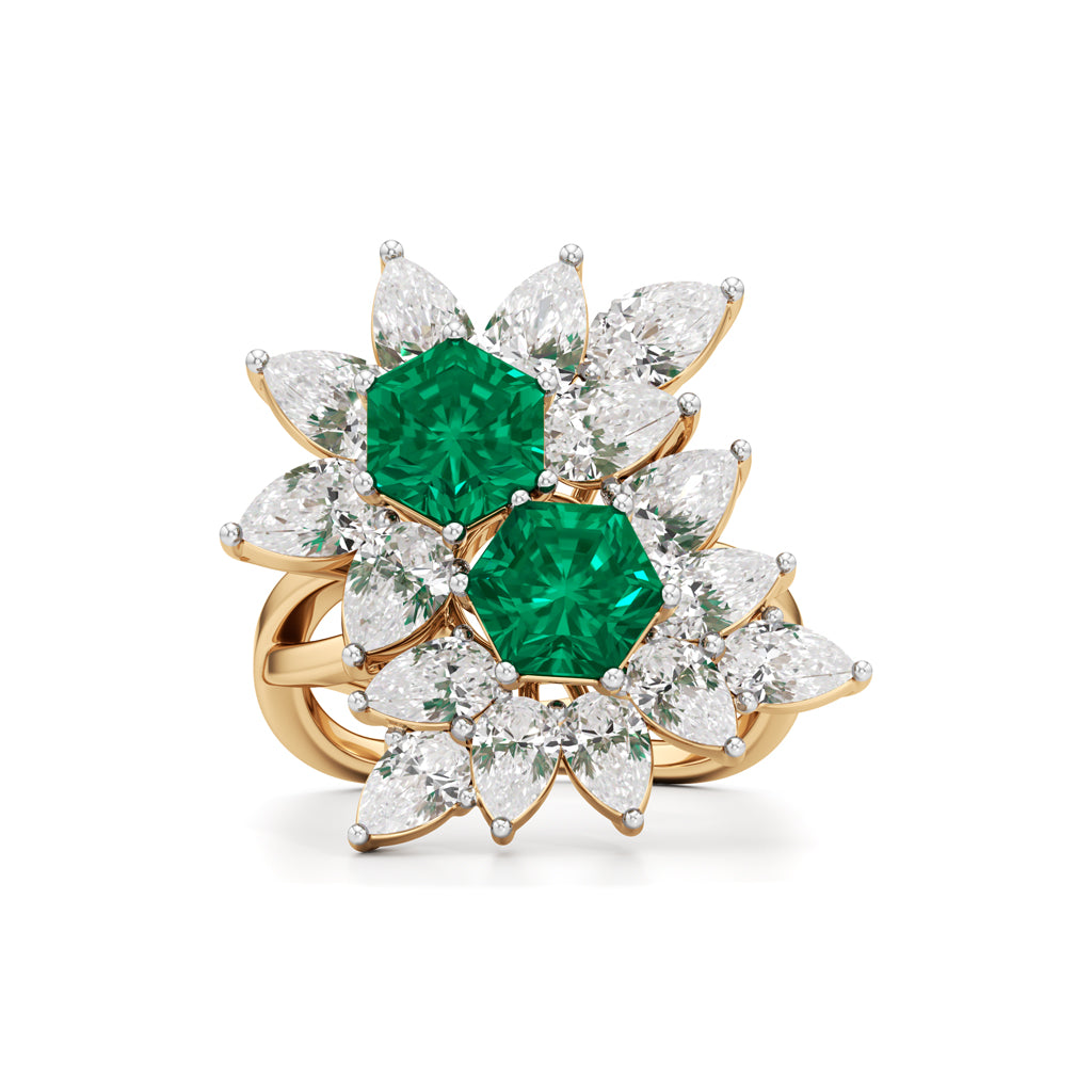 Hexagon Emerald & Pear Diamond Cluster Ring