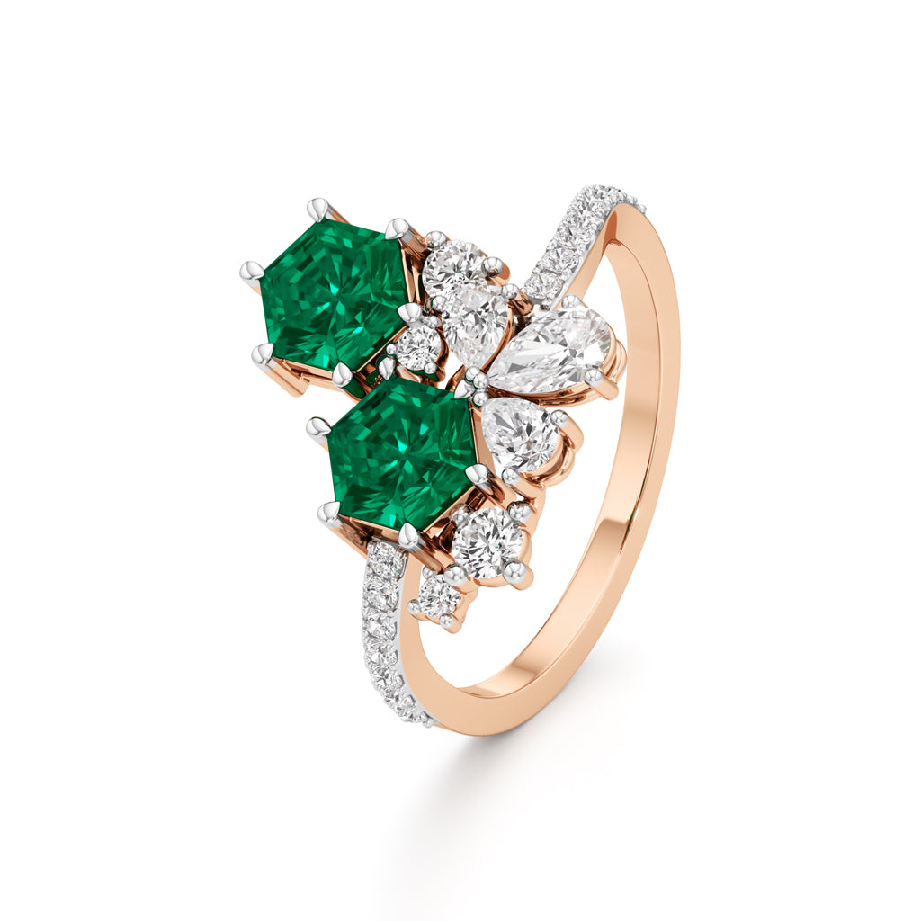 Hexagon Emerald & Diamond Cluster Swirl Ring