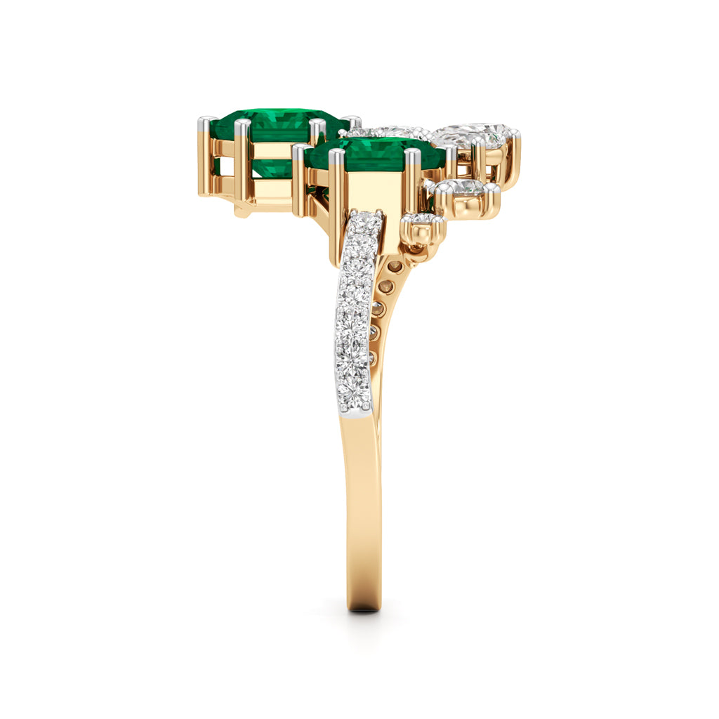 Hexagon Emerald & Diamond Cluster Swirl Ring