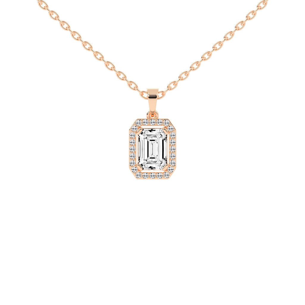 Jovelle Four Prong Emerald Cut Halo Lab Diamond Pendant