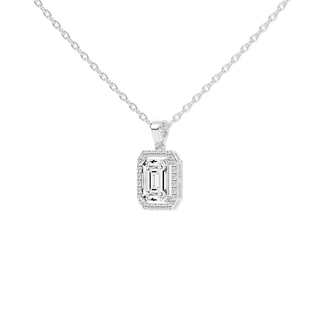 Jovelle Four Prong Emerald Cut Halo Lab Diamond Pendant