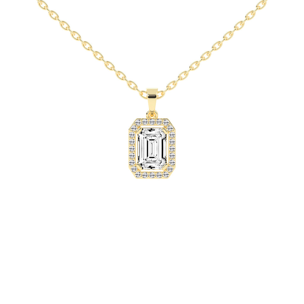 Jovelle Four Prong Emerald Cut Halo Lab Diamond Pendant