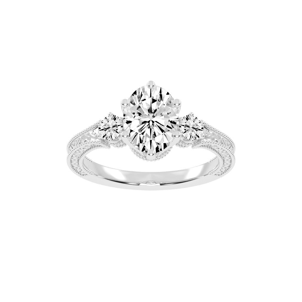 Trivoria Feligree Style Oval Cut Three Stone Lab Diamond Ring