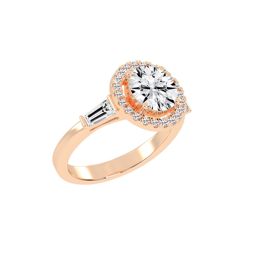 Halinique Tapered Bagettes Round Cut Halo Lab Diamond Ring