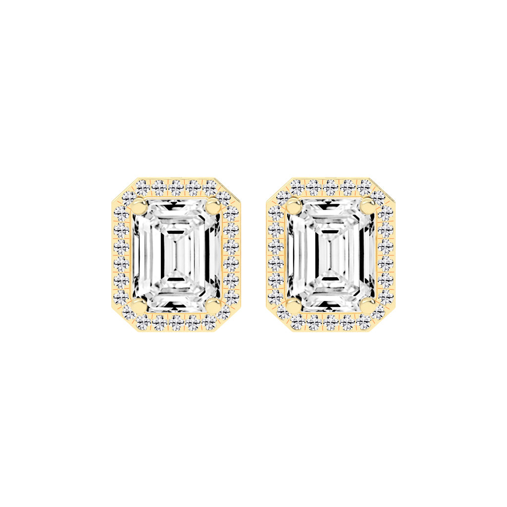 4.25Ct Emerald Shape, Gold, Halo Studs Earrings