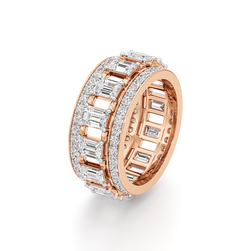 The Radiant Majesty Baguette Diamond Eternity Band with Pave Halo Accents
