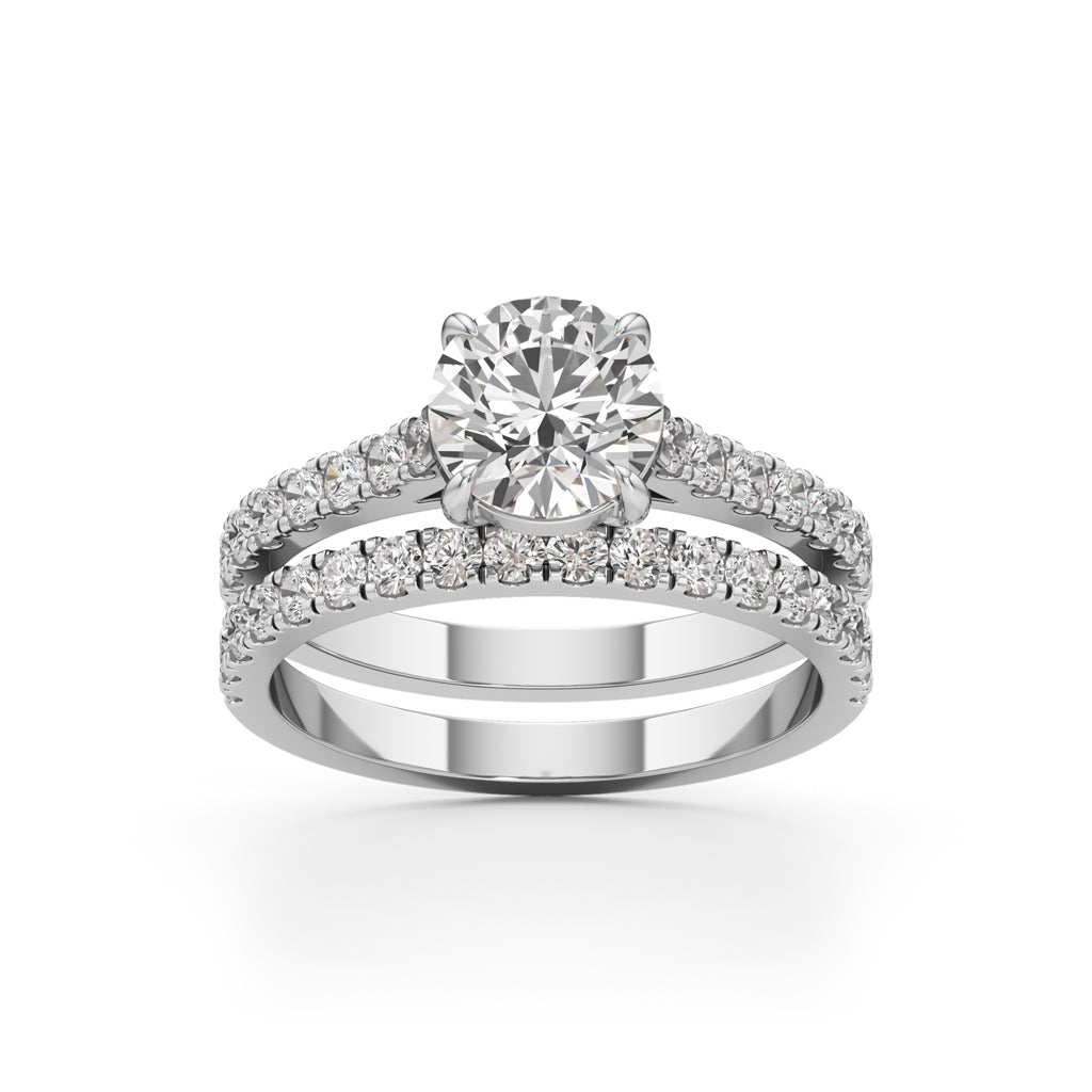 Round Diamond with Double Pave Band Wedding Set