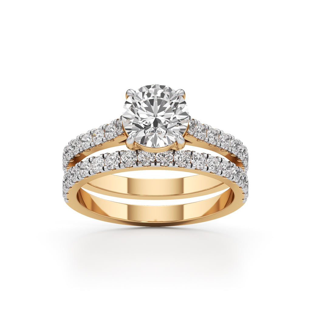 Round Diamond with Double Pave Band Wedding Set