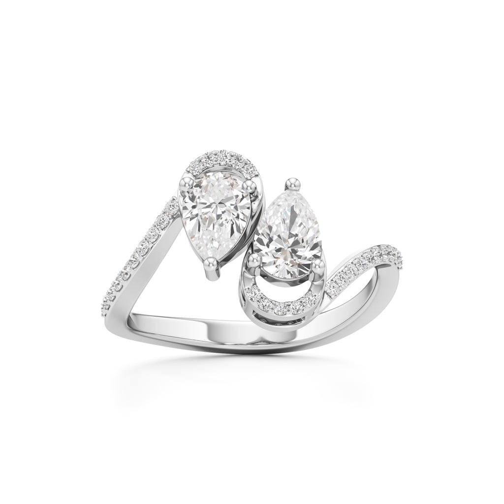 Two Pear Diamond Bypass Ring with Halo Accent