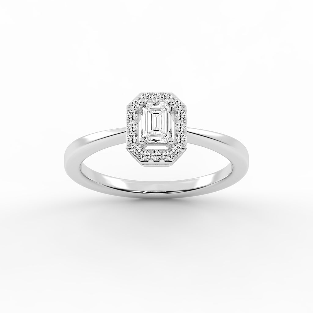 Halotica four prong emerald cut halo lab diamond ring