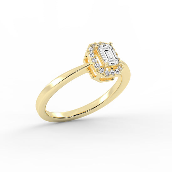 Halotica four prong emerald cut halo lab diamond ring