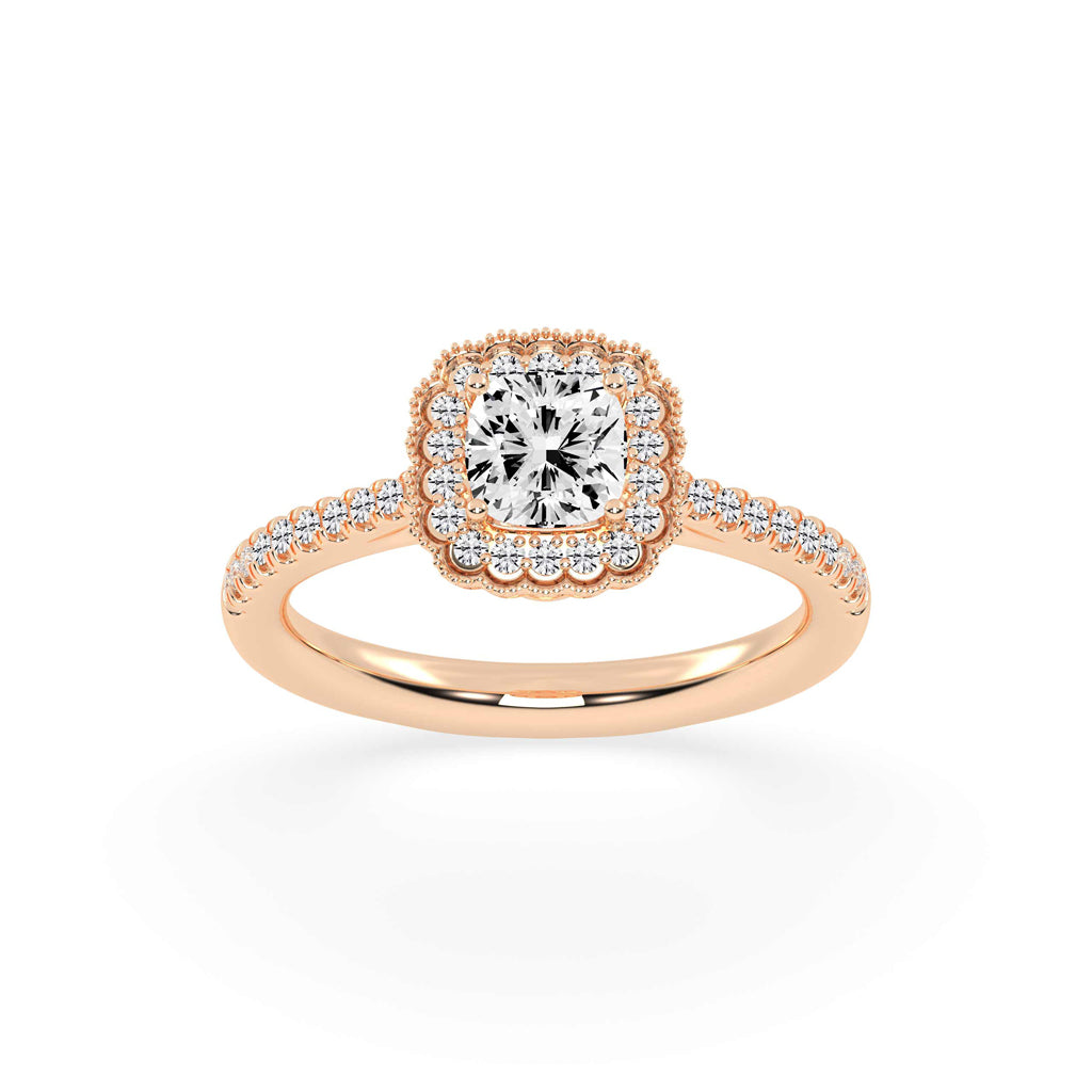 Halisira shared prong Cushion cut halo lab diamond ring