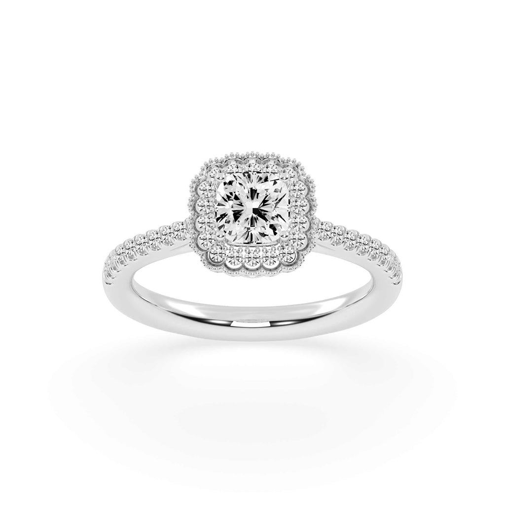 Halisira shared prong Cushion cut halo lab diamond ring