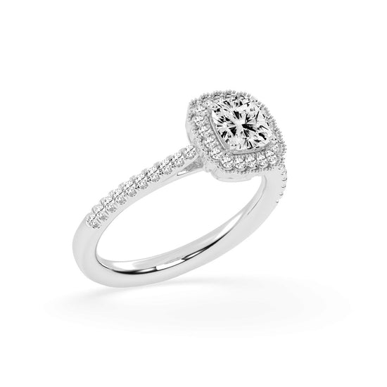 Halisira shared prong Cushion cut halo lab diamond ring