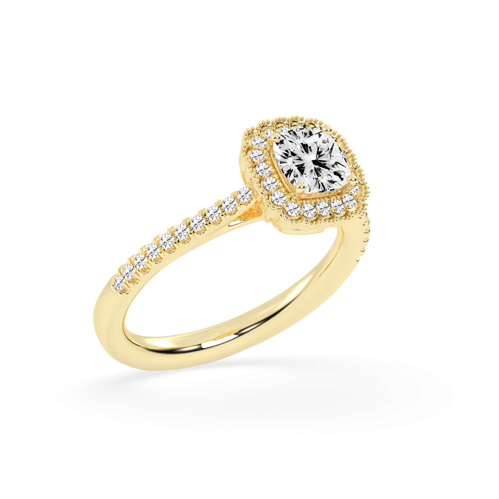 Halisira shared prong Cushion cut halo lab diamond ring