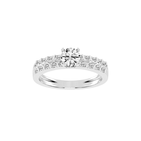 Diovale four prong round cut side stone lab diamond ring