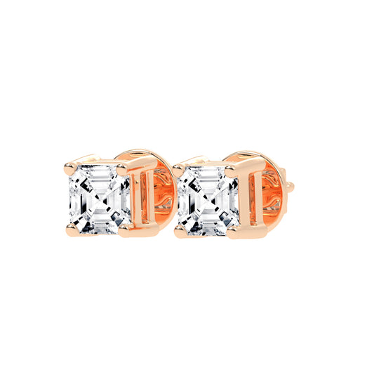Asscher Shape Yellow Gold Solitaire Studs Earrings