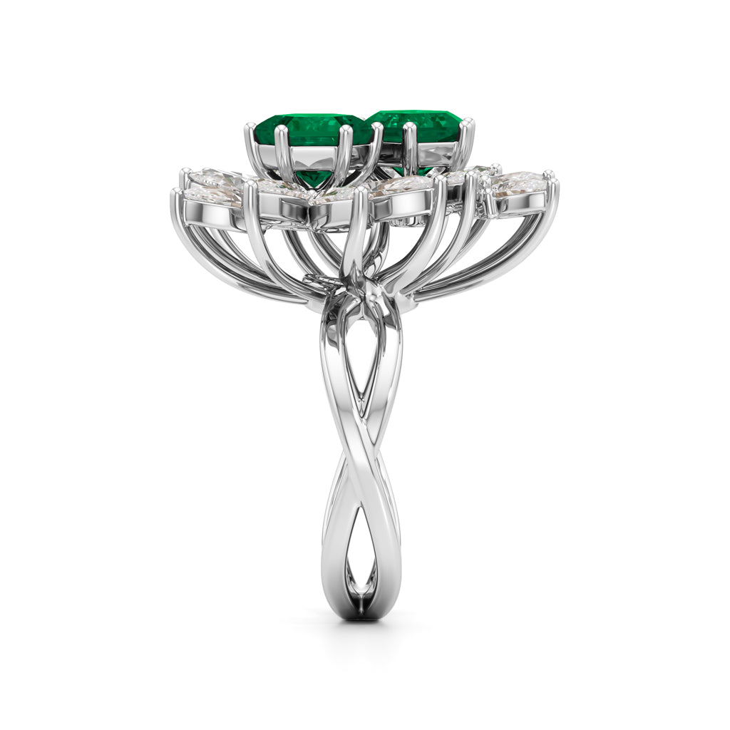 Hexagon Emerald & Pear Diamond Cluster Ring