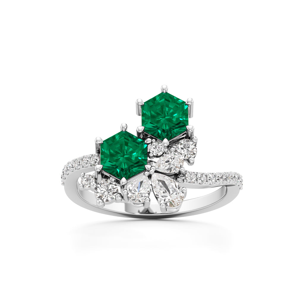 Hexagon Emerald & Diamond Cluster Swirl Ring