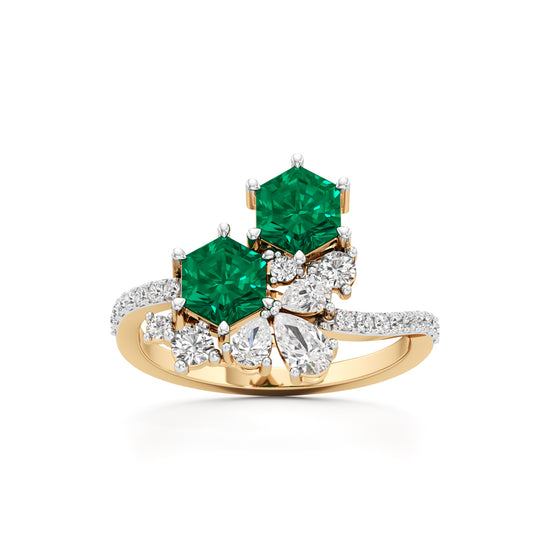 Hexagon Emerald & Diamond Cluster Swirl Ring