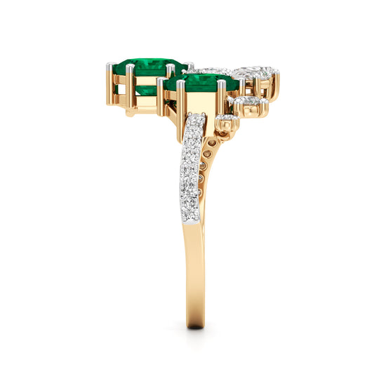 Hexagon Emerald & Diamond Cluster Swirl Ring