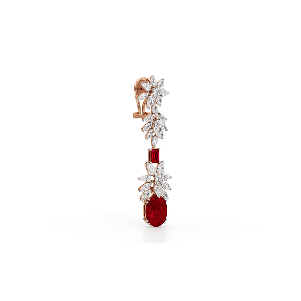 Diamond & Ruby Red Drop Dangle Earrings