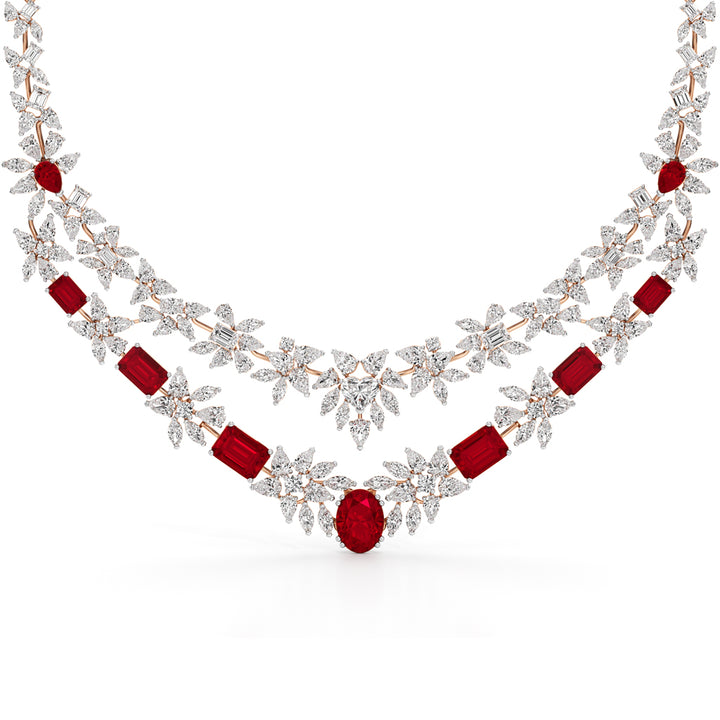 Diamond & Ruby Red Floral Cascade Necklace