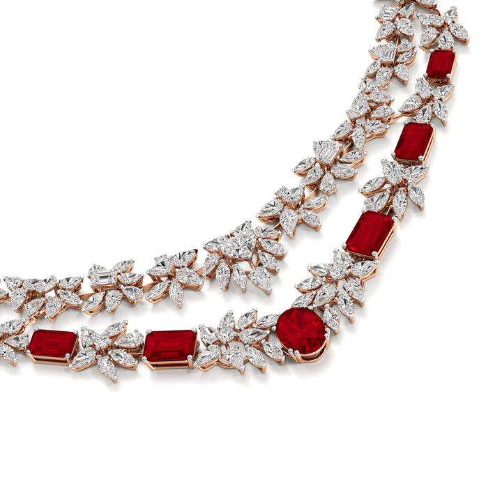 Diamond & Ruby Red Floral Cascade Necklace