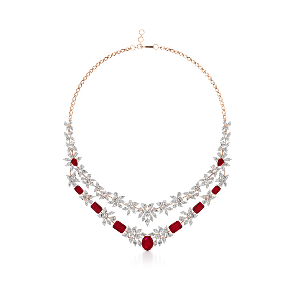 Diamond & Ruby Red Floral Cascade Necklace