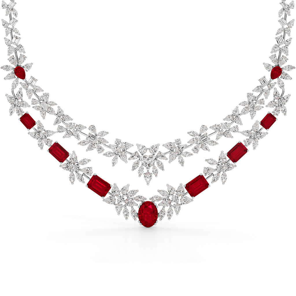 Diamond & Ruby Red Floral Cascade Necklace