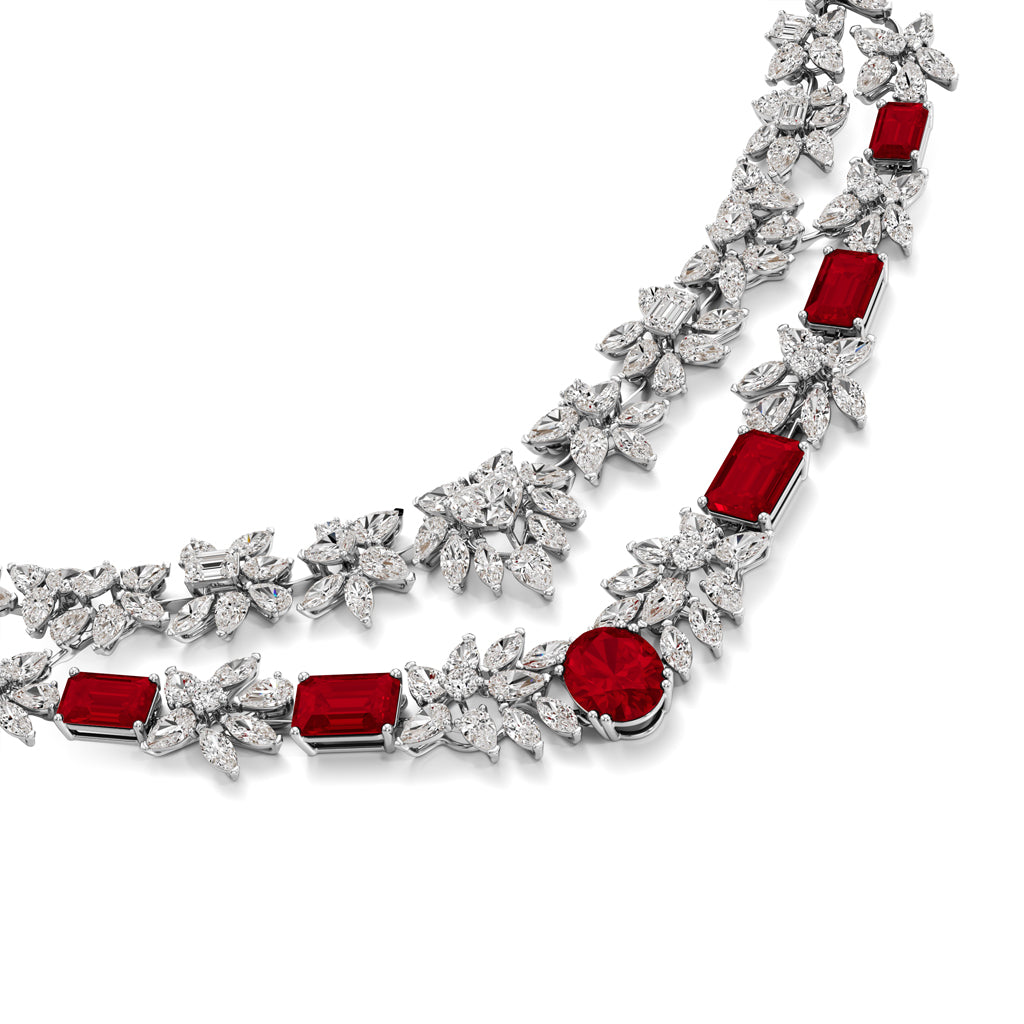 Diamond & Ruby Red Floral Cascade Necklace