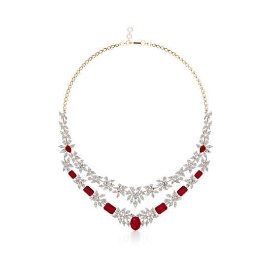 Diamond & Ruby Red Floral Cascade Necklace
