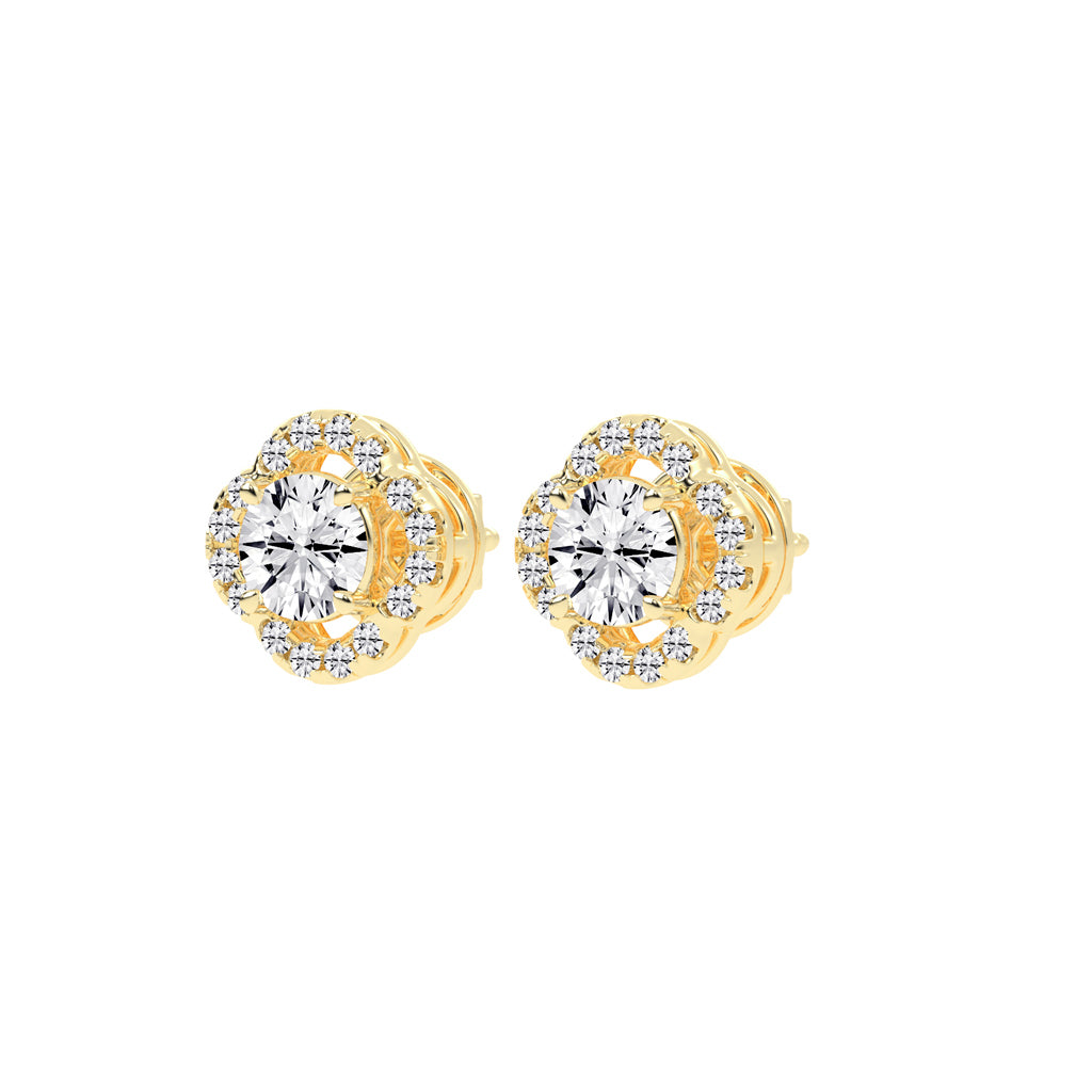 1.5Ct Round Shape Yellow Gold Halo Studs Earrings