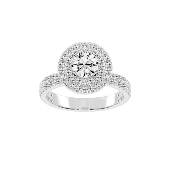 Double Halo Diamond Engagement Ring with Pave Band