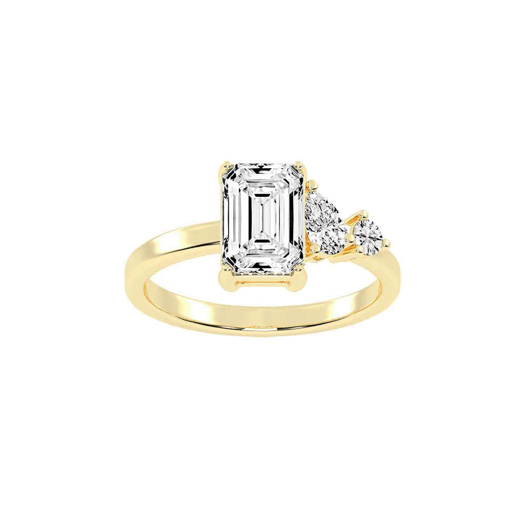 Triadaura emerald cut three stone lab diamond ring