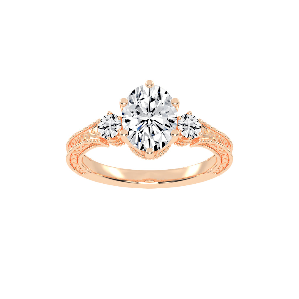 Trivoria Feligree Style Oval Cut Three Stone Lab Diamond Ring