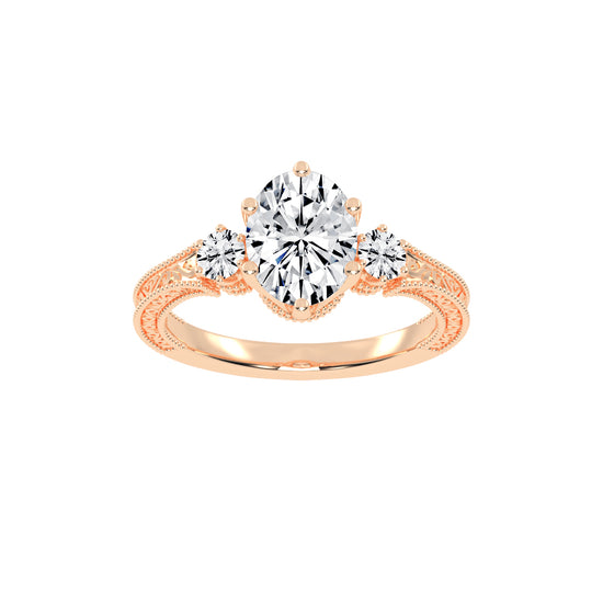 Trivoria Feligree Style Oval Cut Three Stone Lab Diamond Ring