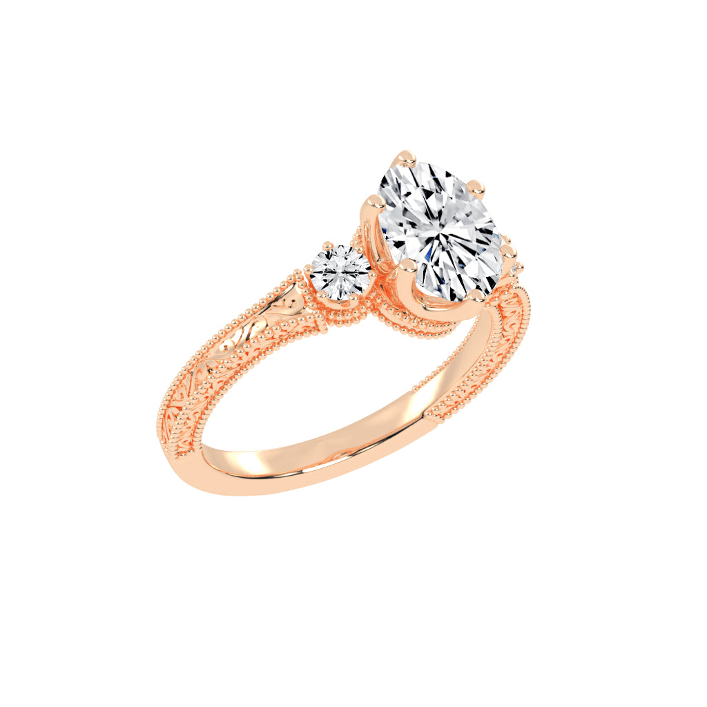 Trivoria Feligree Style Oval Cut Three Stone Lab Diamond Ring