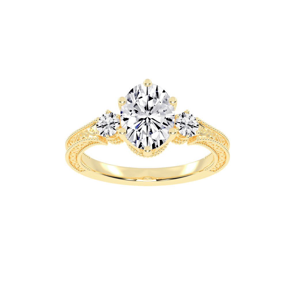 Trivoria Feligree Style Oval Cut Three Stone Lab Diamond Ring