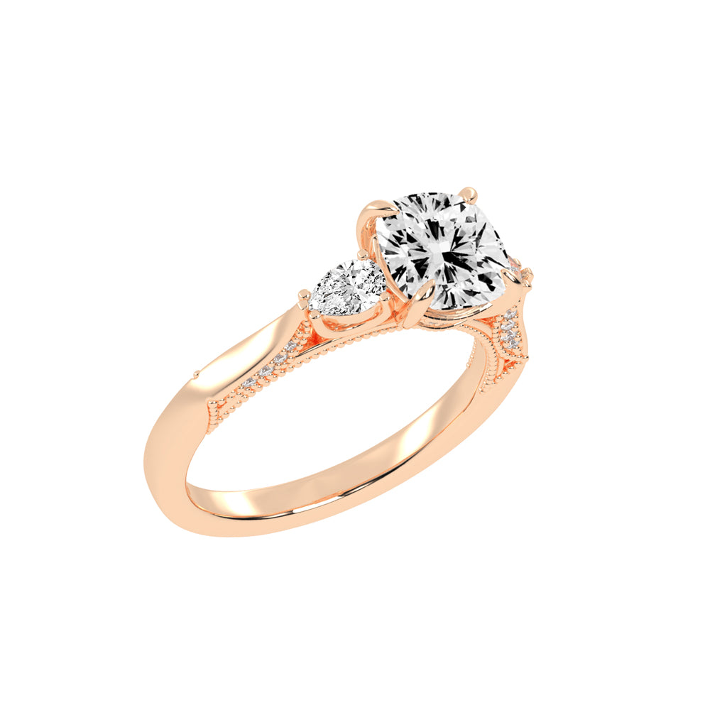 Trinova Three Stone Cushion Cut Lab Diamond Ring