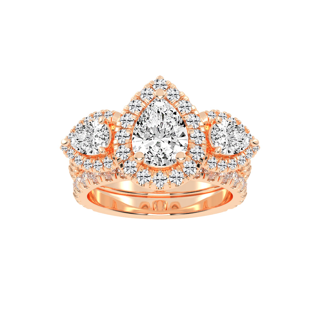 Halienneva Three Stone Pear Cut Halo Lab Diamond Ring