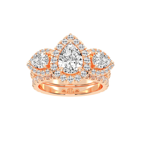 Halienneva Three Stone Pear Cut Halo Lab Diamond Ring