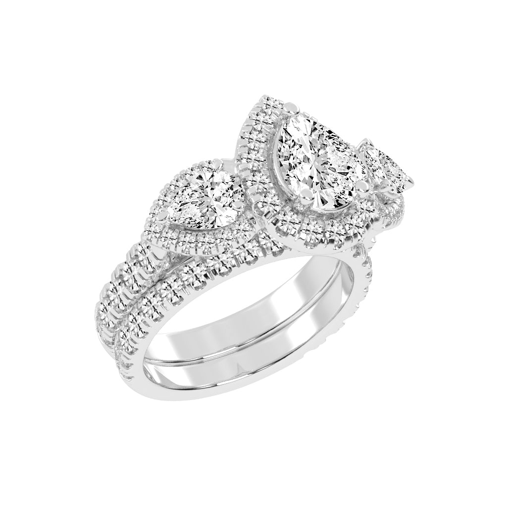 Halienneva Three Stone Pear Cut Halo Lab Diamond Ring
