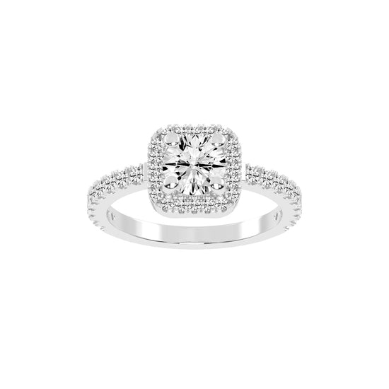 Diamorelle Shared Prong Round Cut Halo Lab Diamond Ring