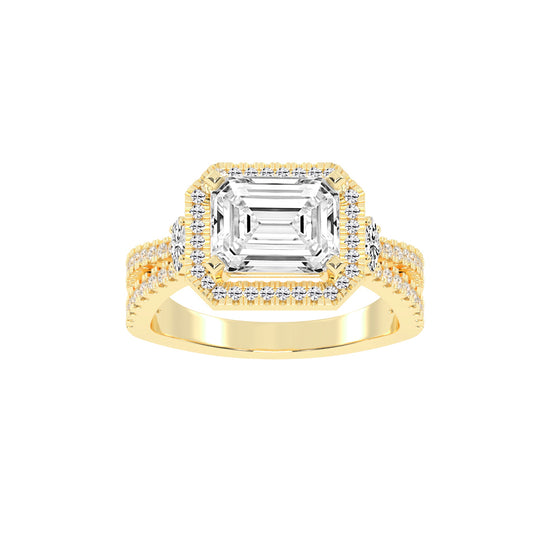 Haltraire Emerald Split Shank Halo Lab Diamond Ring