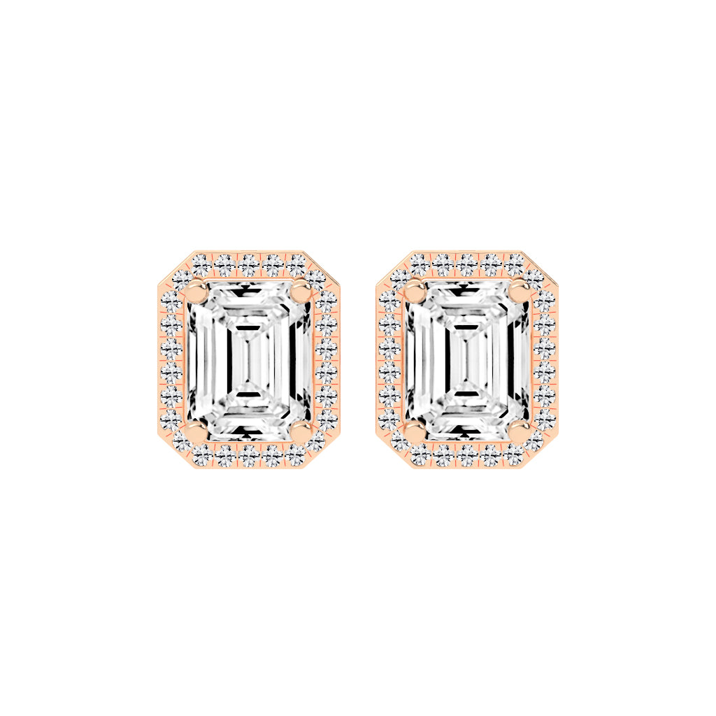 4.25Ct Emerald Shape, Gold, Halo Studs Earrings