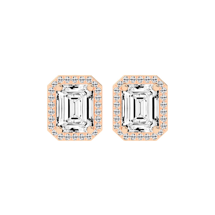 4.25Ct Emerald Shape, Gold, Halo Studs Earrings